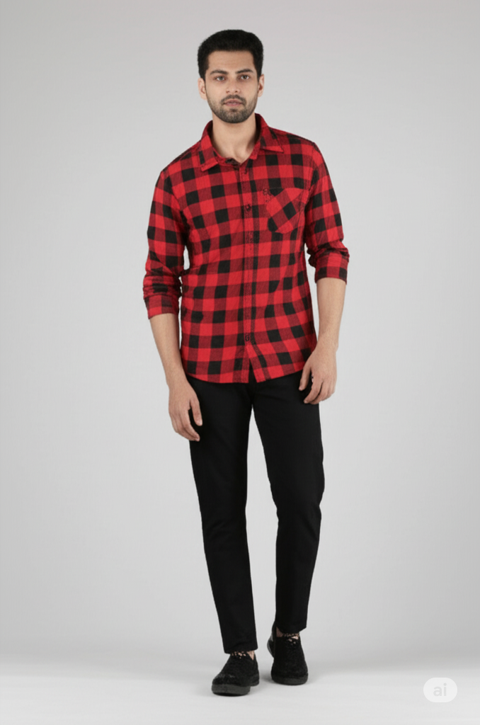 Red and Black Checkered Casual Shirt for Men – Full Sleeve, Slim Fit