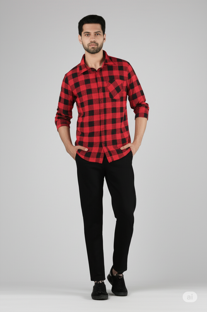 Red and Black Checkered Casual Shirt for Men – Full Sleeve, Slim Fit
