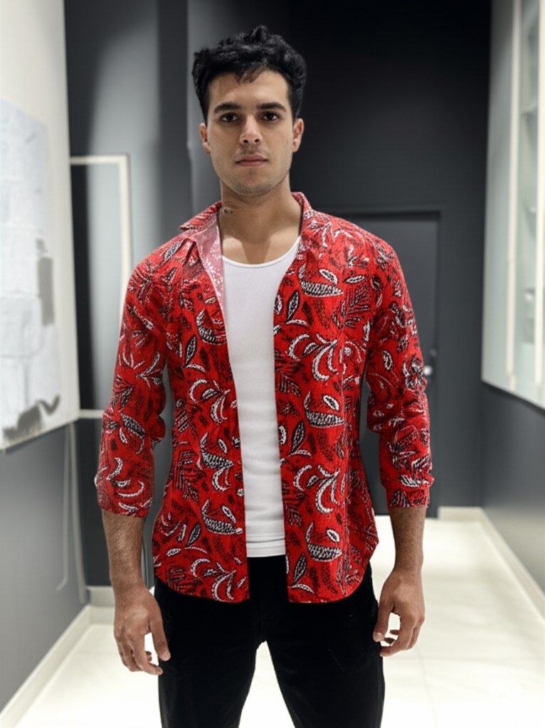 Stylish Red Floral Printed Men's Casual Shirt - | Trendy Long Sleeve Shirt