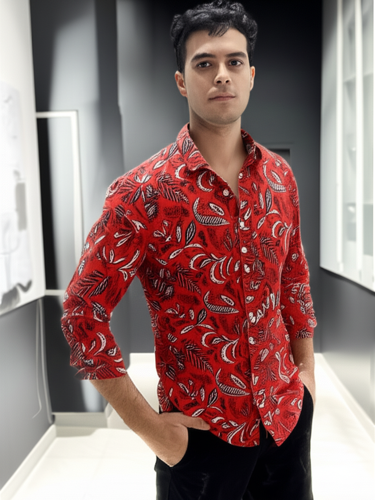 Stylish Red Floral Printed Men's Casual Shirt - | Trendy Long Sleeve Shirt