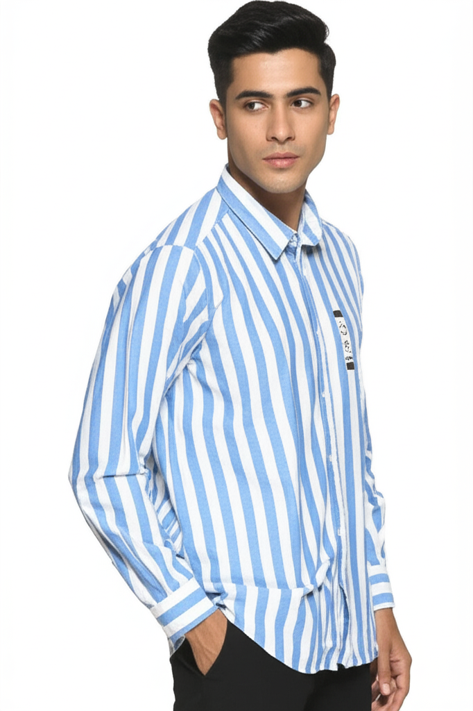 Men's Blue & White Vertical Striped Casual Shirt – 100% Cotton Long Sleeve | | Stylish Summer Wear