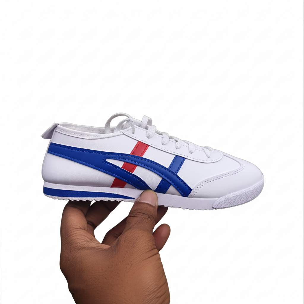 Men's White Casual Sneakers with Blue and Red Stripes