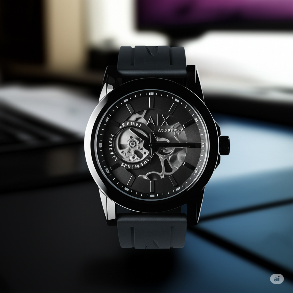 Men's Skeleton Automatic Black Watch with Silicone Strap