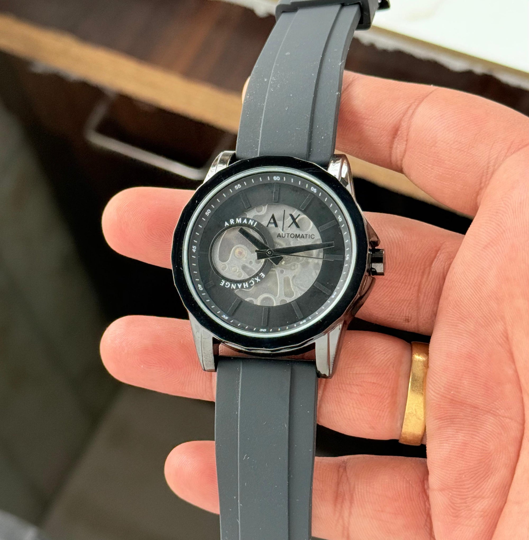Men's Skeleton Automatic Black Watch with Silicone Strap