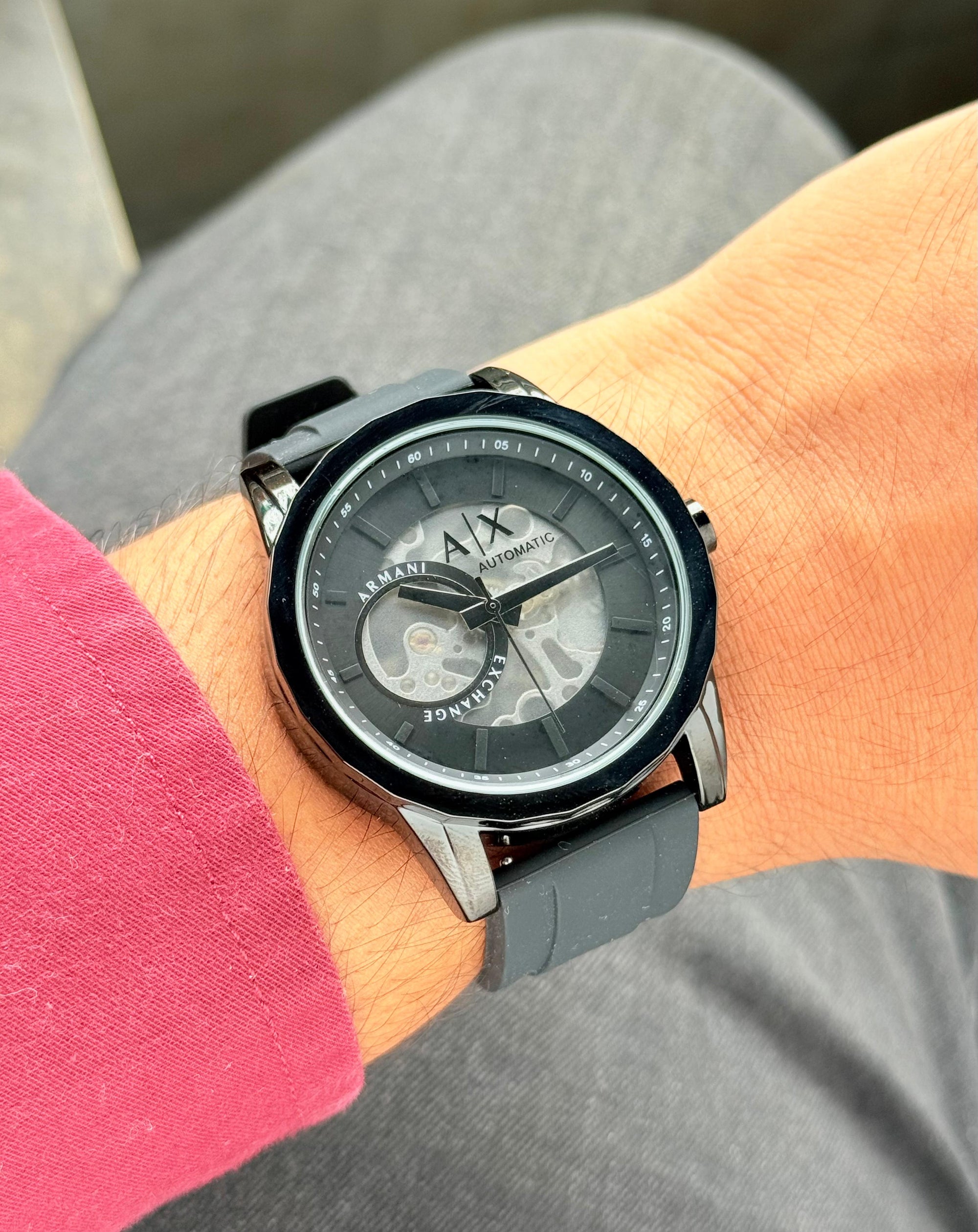 Men's Skeleton Automatic Black Watch with Silicone Strap