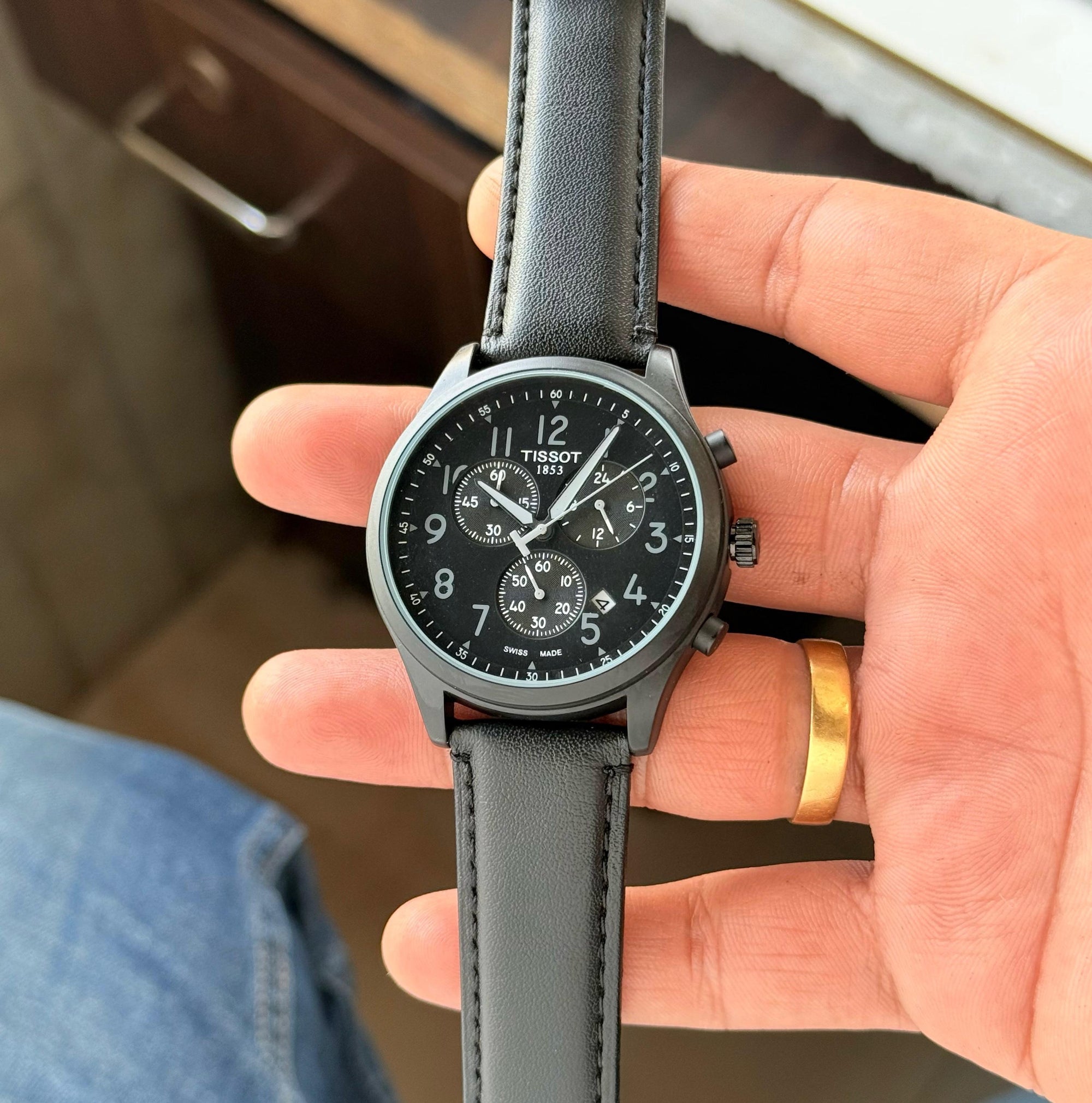 Men's Chronograph Watch with Black Dial & Leather Strap"