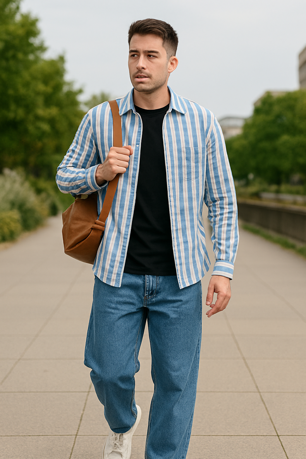 Men's Blue & White Vertical Striped Casual Shirt – 100% Cotton Long Sleeve | | Stylish Summer Wear