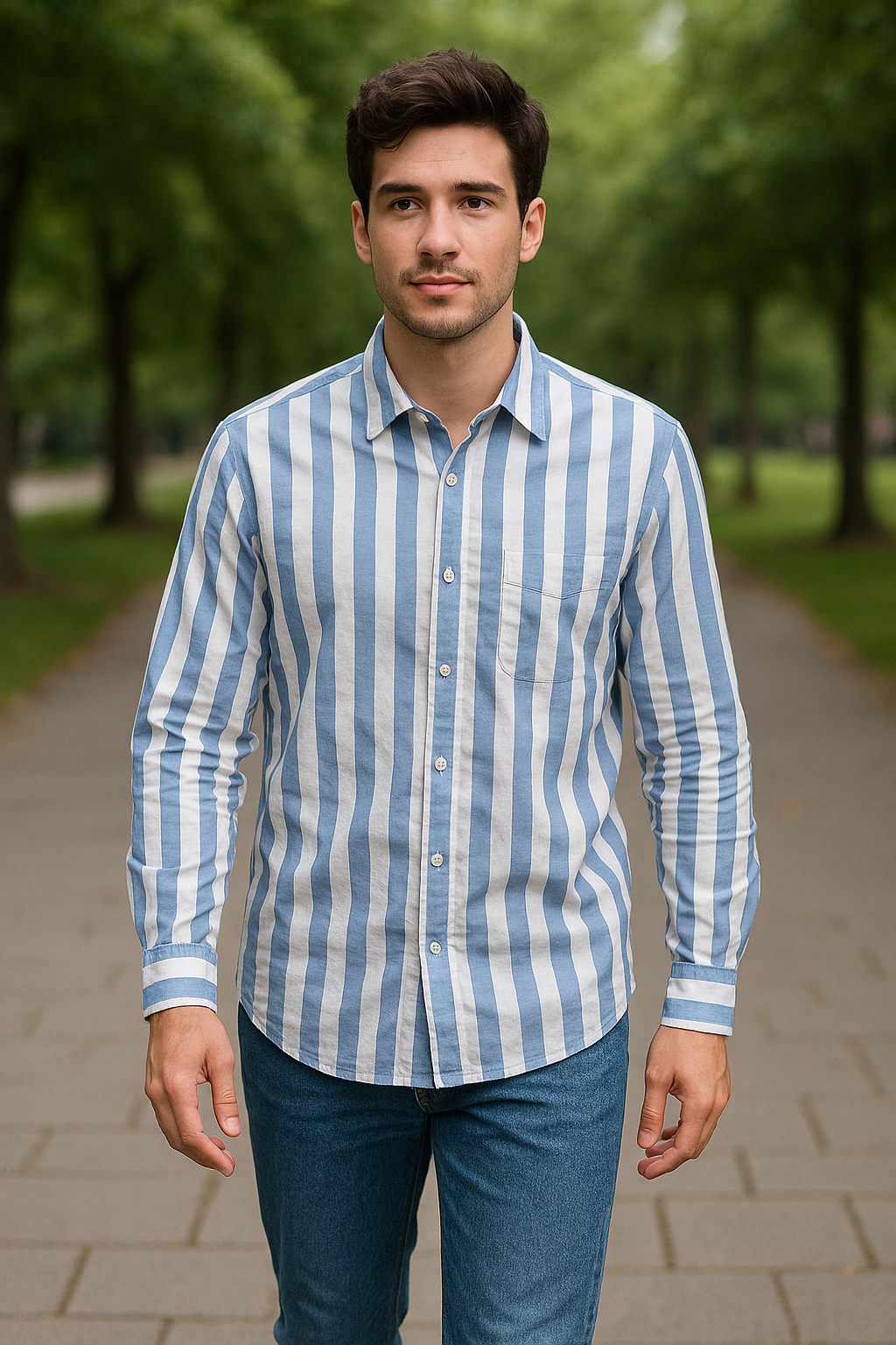 Men's Blue & White Vertical Striped Casual Shirt – 100% Cotton Long Sleeve | | Stylish Summer Wear