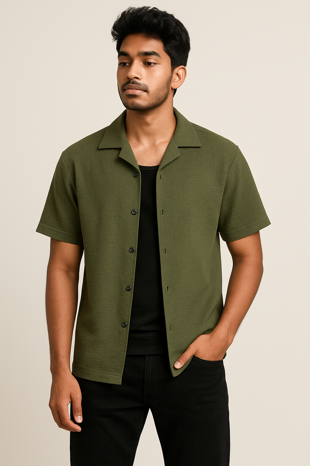 Men's Stylish Olive Green Cuban Collar Textured Shirt – Summer Casual Wear