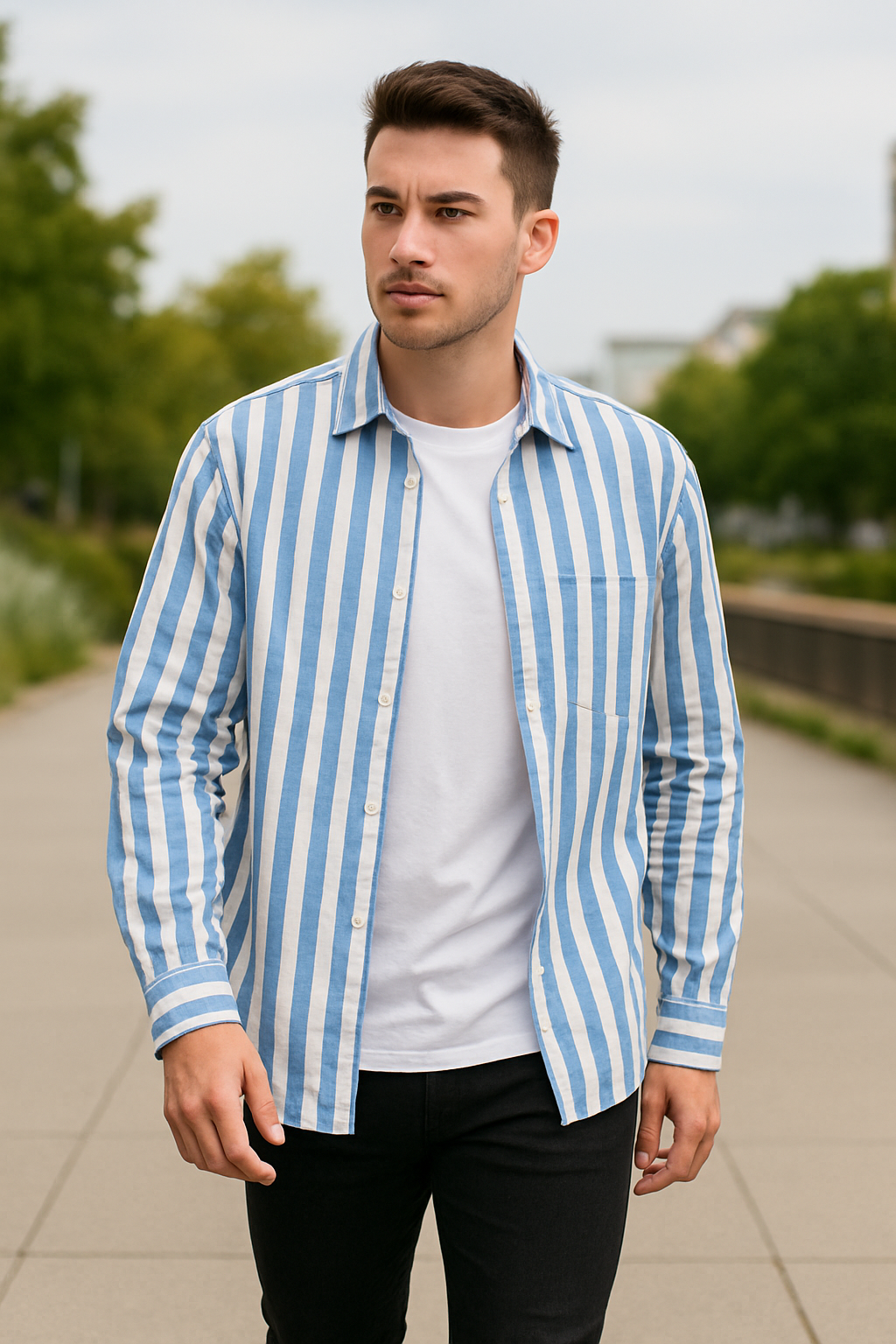 Men's Blue & White Vertical Striped Casual Shirt – 100% Cotton Long Sleeve | | Stylish Summer Wear