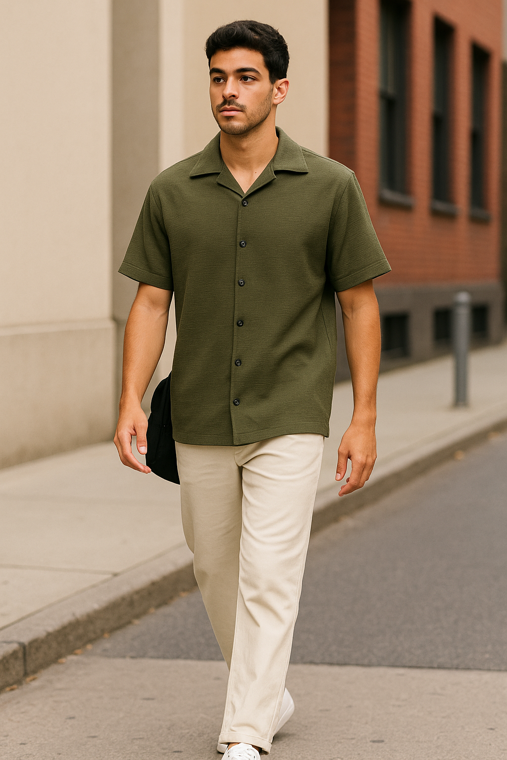 Men's Stylish Olive Green Cuban Collar Textured Shirt – Summer Casual Wear