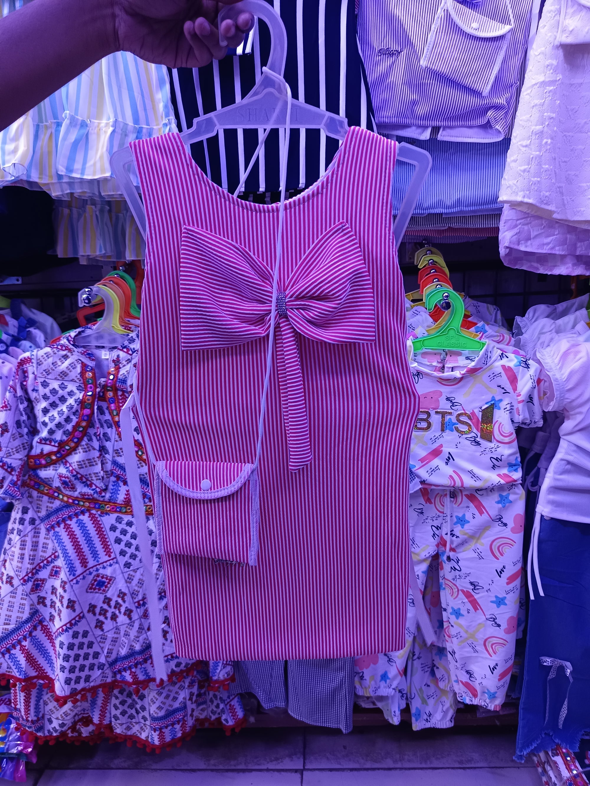 Stylish Red & White Striped Dress for Girls with Bow and Purse – Kids Fashion