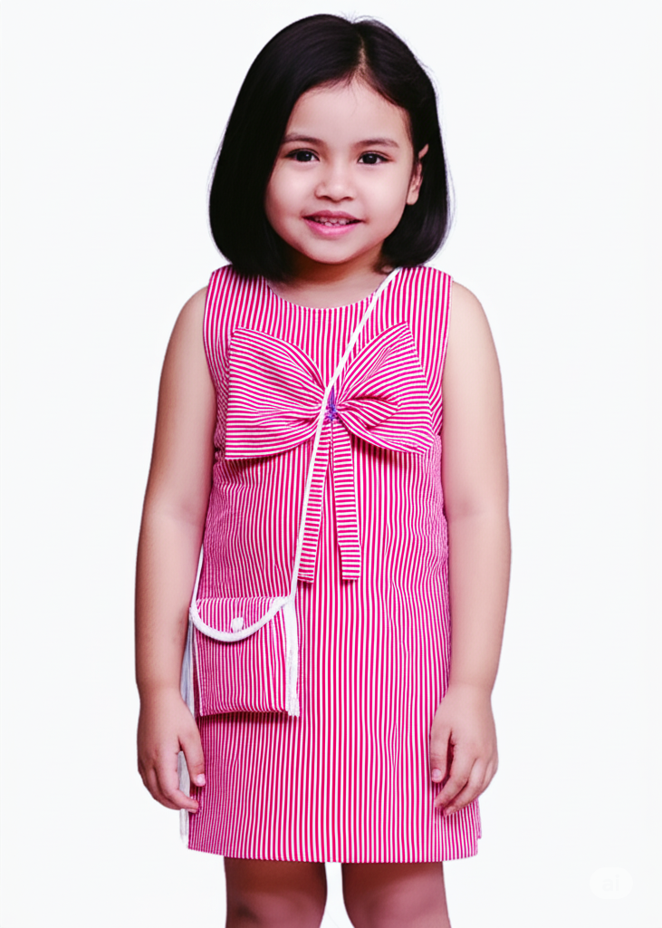 Stylish Red & White Striped Dress for Girls with Bow and Purse – Kids Fashion
