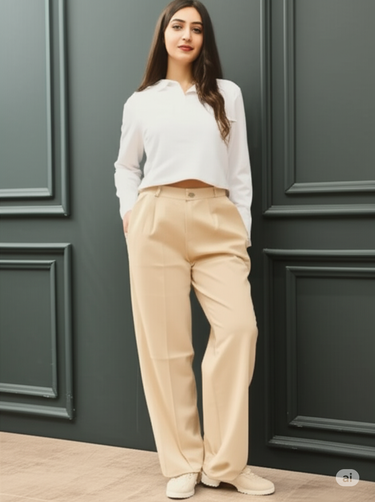 Stylish Cream Formal Pants for Women & Girls | High-Waist Trousers | Office & Casual Wear