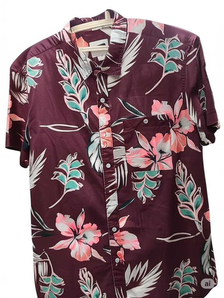 Men's Maroon Hawaiian Floral Print Short Sleeve Casual Shirt