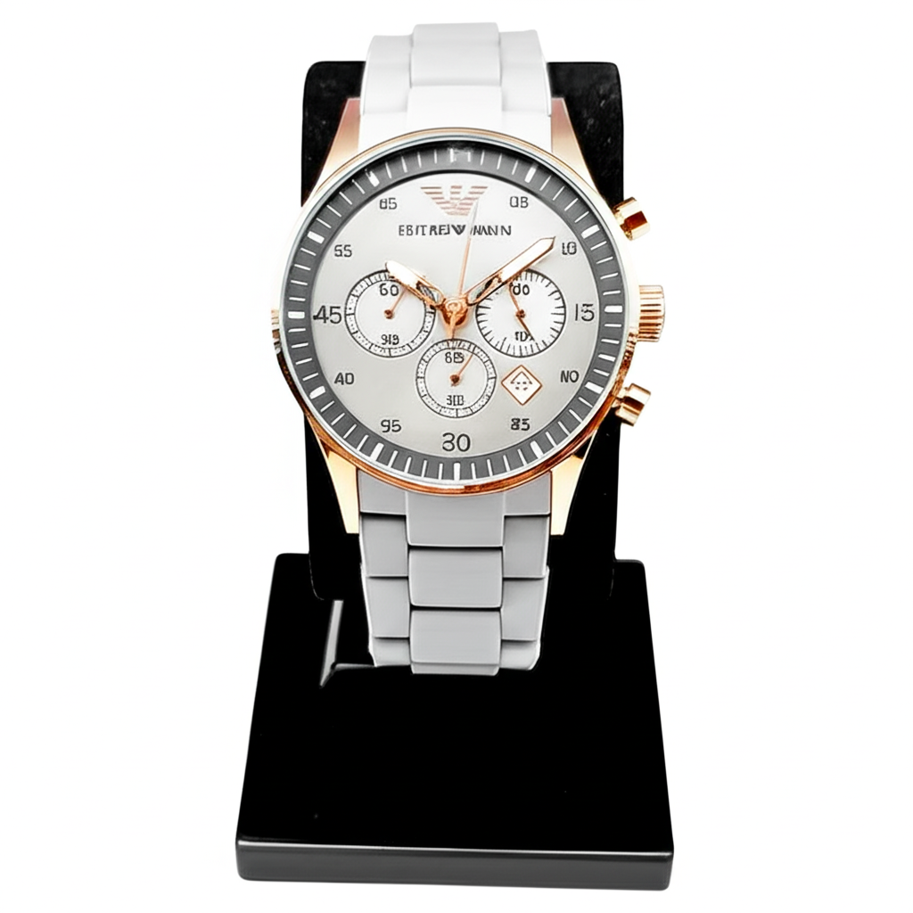 Emporio Armani Men's Chronograph Watch – Rose Gold & Grey Silicone Strap