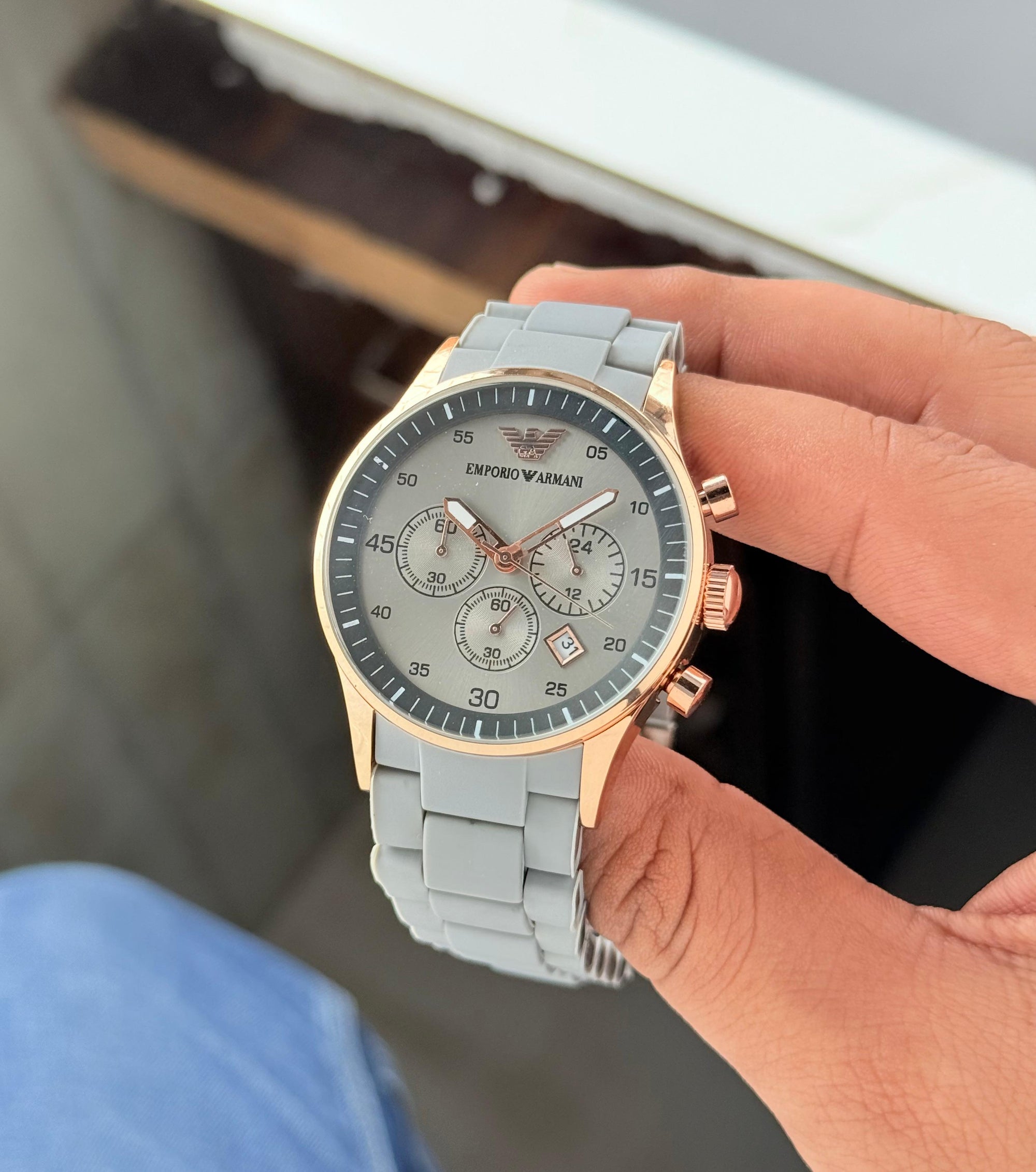 Emporio Armani Men's Chronograph Watch – Rose Gold & Grey Silicone Strap