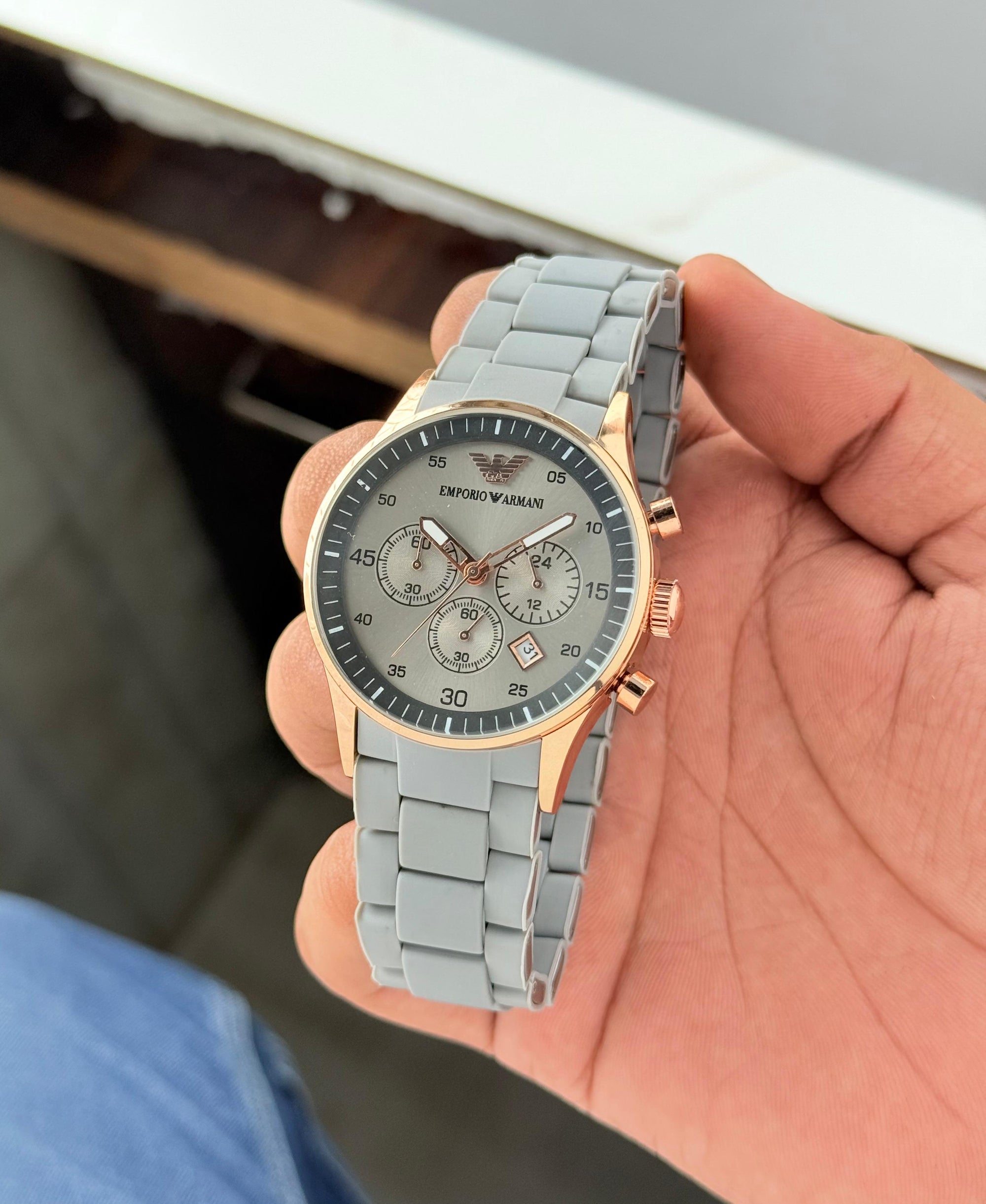 Emporio Armani Men's Chronograph Watch – Rose Gold & Grey Silicone Strap