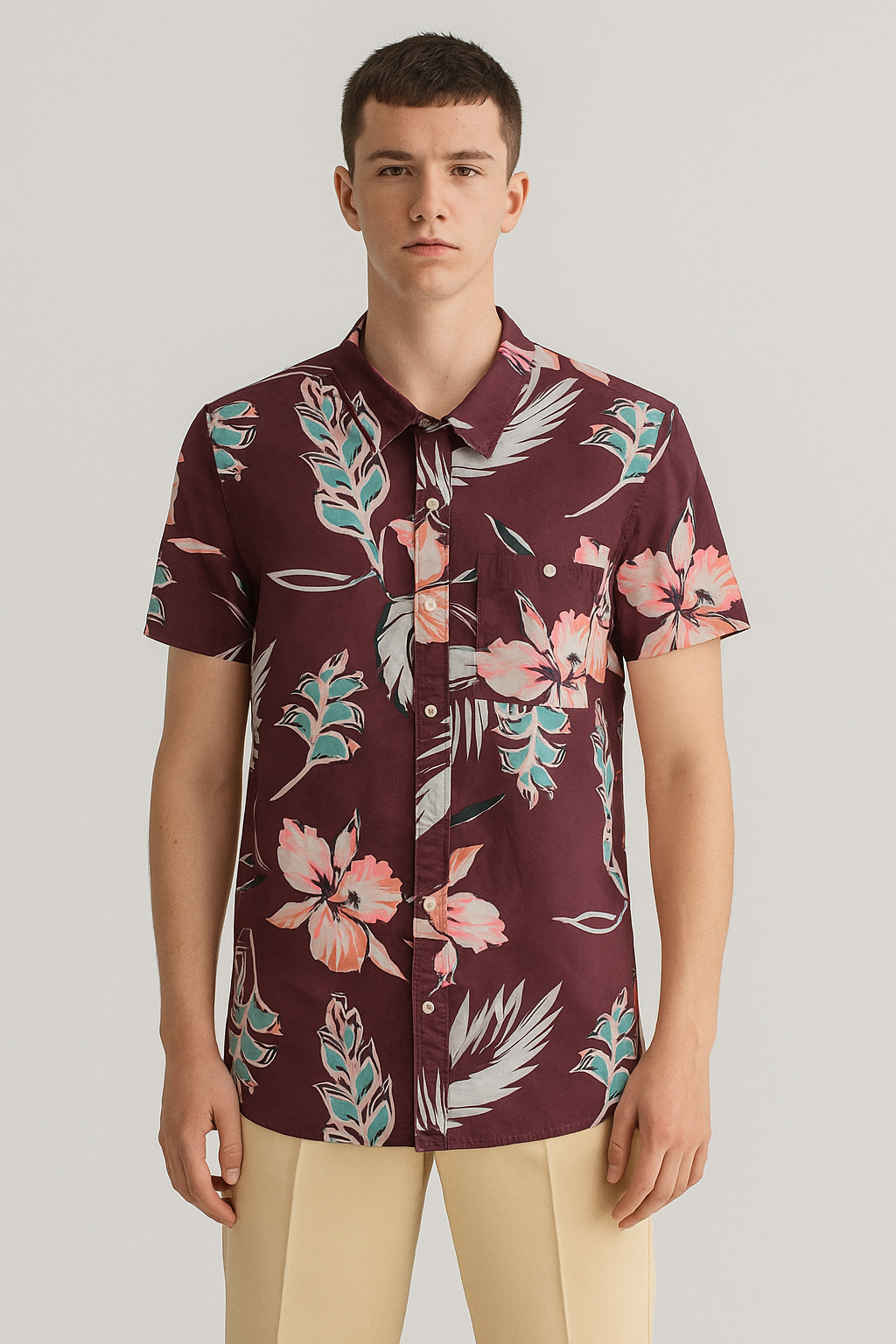Men's Maroon Hawaiian Floral Print Short Sleeve Casual Shirt