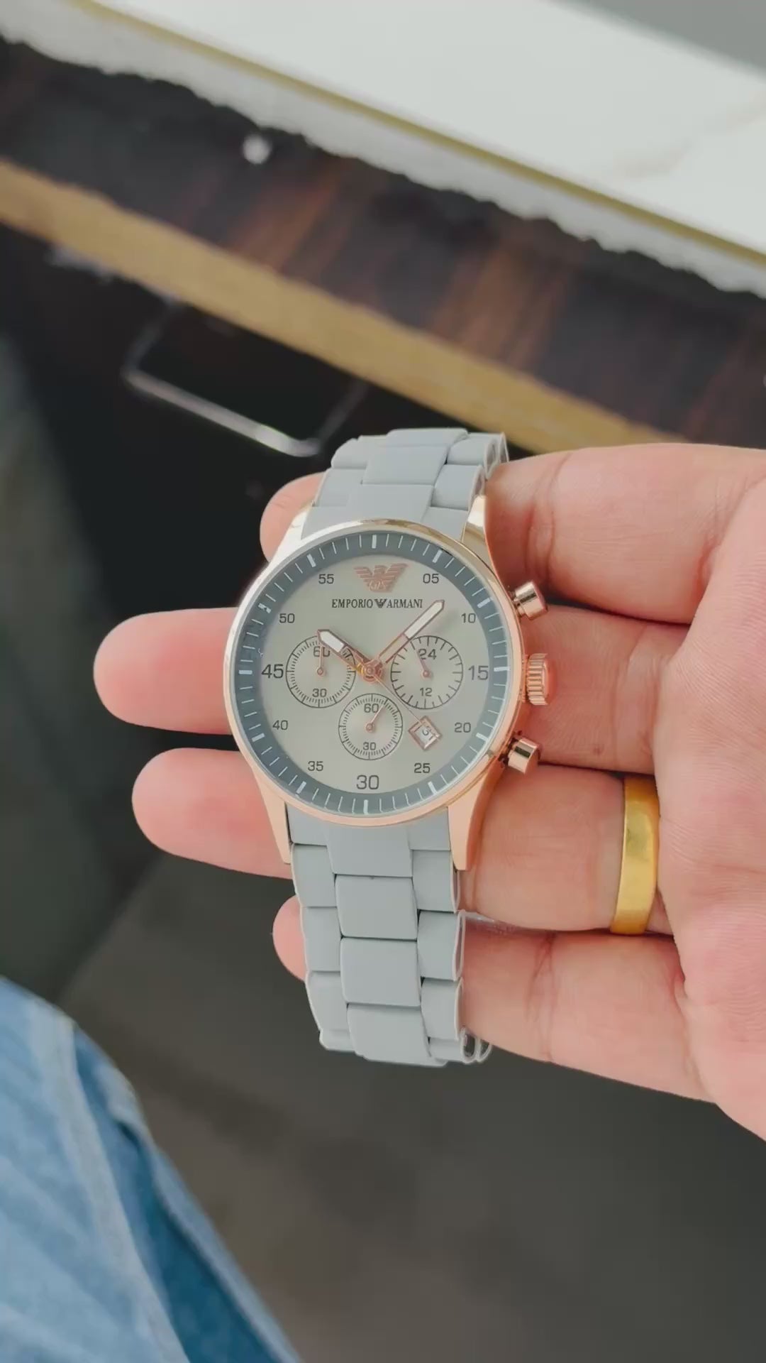 Emporio Armani Men's Chronograph Watch – Rose Gold & Grey Silicone Strap