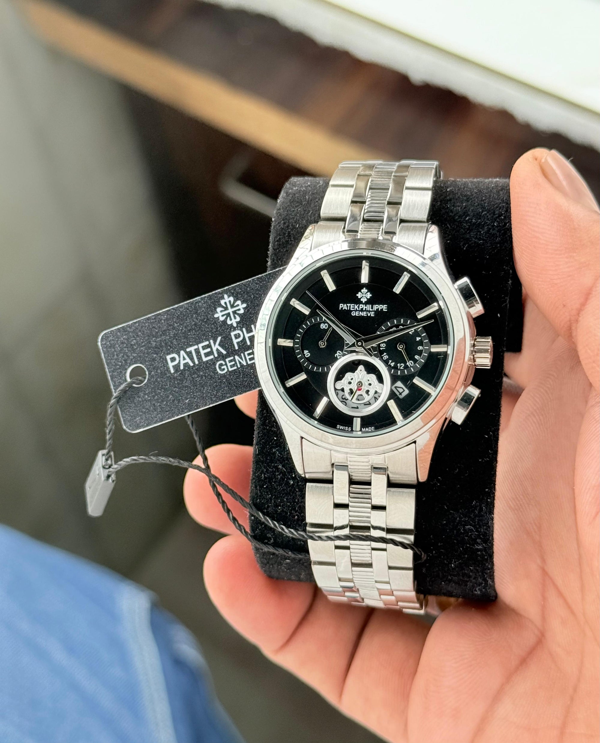 Patek Philippe Premium Chronograph Women’s Watch – 7AA Quality (Black Dial, Steel Strap)